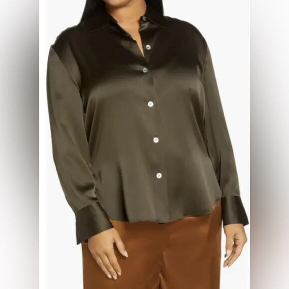 Vince Women Button Up Silk Shirt Top Olive Green Size XXXL NWT - Picture 10 of 11